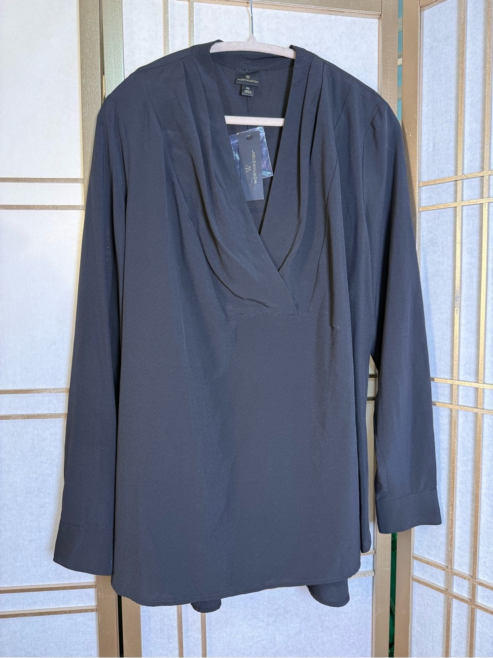 Worthington Black Draped V-Neck Long Sleeve Blouse